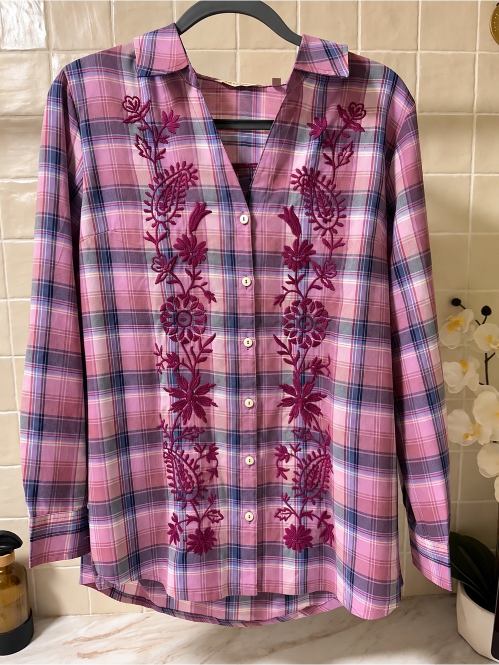 Soft Surroundings Embroidered Plaid Tunic Shirt Pink Purple Floral Boho M